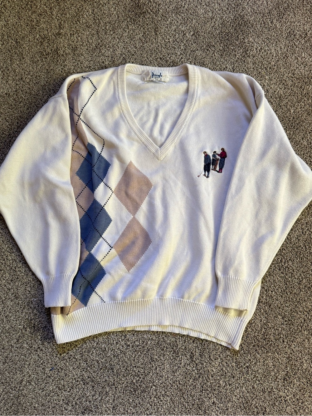 Pringle Cream V-Neck Argyle Sweater with Golf Embroidery